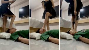【LL77】黑裙美女酒店裸足毁容式踩踏插图1